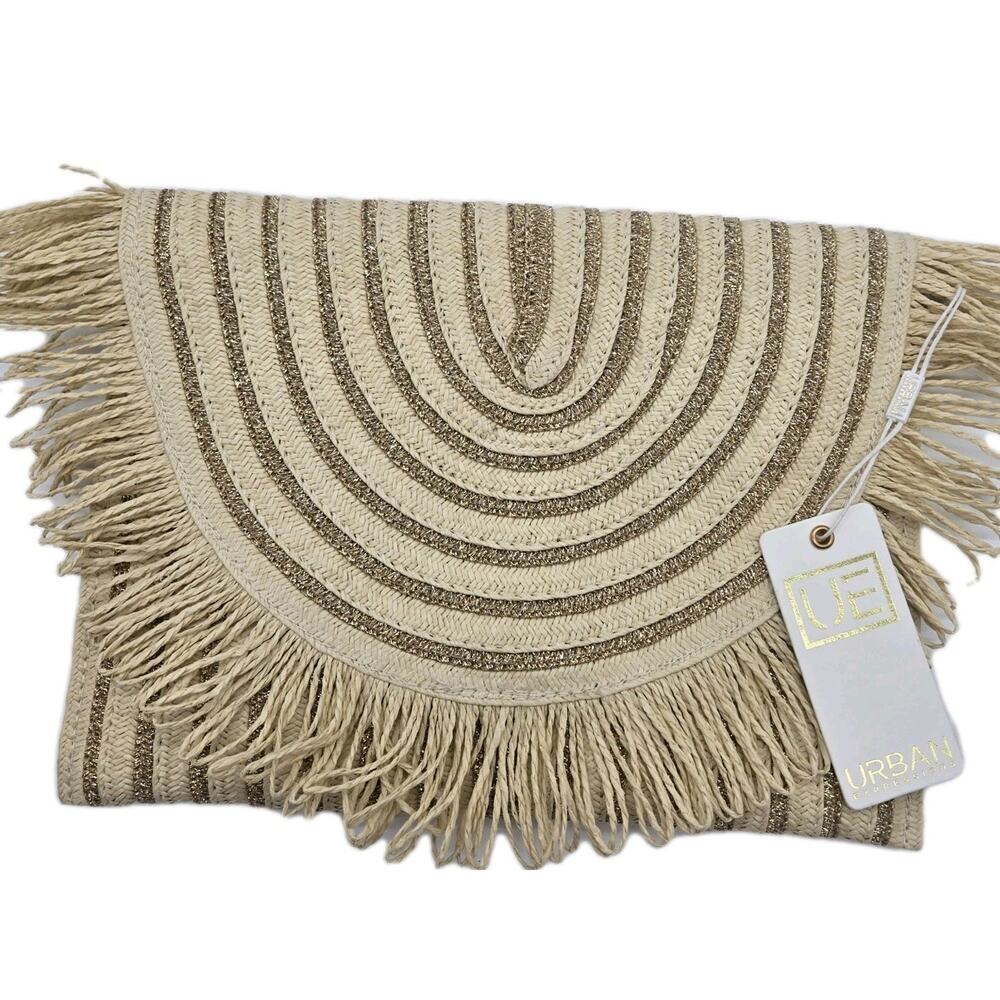 Urban Expressions Straw Gold Glitter Woven Clutch Fringe Detach Gold Chain NWT